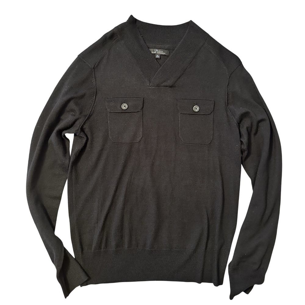 Marc Anthony Black‎ V-Neck Sweater Mens M Knit Pullover Dual Pocket Casual